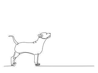 Dog sitting in single outline illustration. Continuous line art drawing of woman cute dog. Editable stroke.