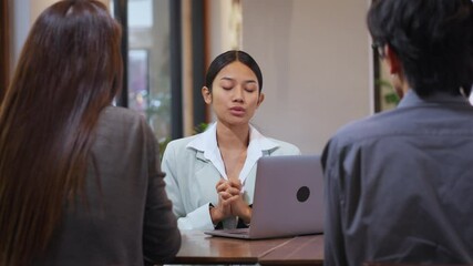 Young businesswoman giving a presentation during a meeting with colleagues. She is explaining a business or marketing strategy using a laptop.