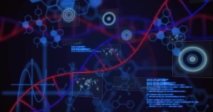 Red blue DNA helix sliding in triggers code blocks and panels emerging for visualizing layered data