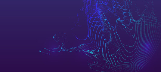 Abstract dark purple background with flowing blue lines and glowing particles