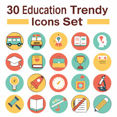 This travel icon set features flat vector designs for web and mobile, illustrating essential business and social media symbols