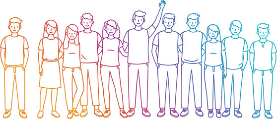 Group of diverse young people standing together in unity, rainbow outline vector illustration, teamwork, inclusion, friendship