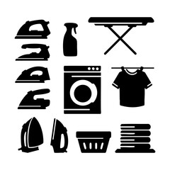 Set of laundry icon silhouette. Black and white clip art vector illustration
