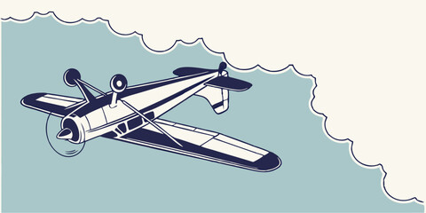 Vintage Airplane Illustration A classic biplane soars through a light blue sky partially obscured by fluffy white clouds evoking a sense of nostalgia and adventure © Ashiqur