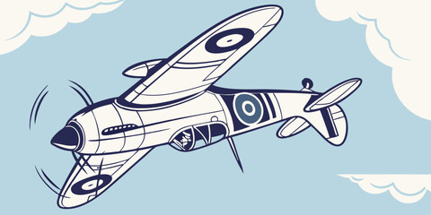 Naklejka premium Vintage Airplane Illustration A Classic Fighter Plane Soaring Through the Sky with Clouds Rendered in a Retro Cartoon Style with Bold Lines and a Limited