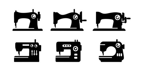 Set of sewing machine icon silhouette. Black and white Vector Illustration