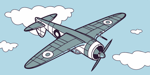 Vintage Airplane Soaring Through a Cartoon Sky A Nostalgic Flight of Fancy Depicting a Classic Warbird Amidst Fluffy Clouds and a Light Blue Backdrop Evoking