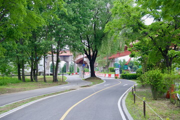 Bike path under highway overpasses in Gangseo Hangang Park