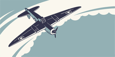 Vintage Style Illustration of a World War II Era Airplane Flying Through the Clouds Depicted with Clean Lines and a Limited Color Palette Evoking a