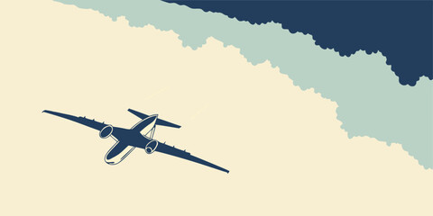 Vintage Airplane Flying Through Cloudy Skies A stylized illustration of a dark blue airplane ascending through a beige sky with layered blue and gray clouds