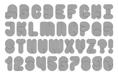 Curved parallel lines and knot font. Anniversary tech alphabet, 70s vector letters and numbers. Geometric typography design, oval endless closed paths. Digital blend effect. Retro disco party alphabet