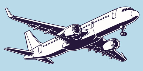 Stylized Commercial Airplane Illustration A low angle view of a passenger jet with two engines rendered in a limited color palette against a soft blue