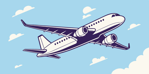 Stylized Airplane in Flight with Clouds Illustration Depicting Air Travel and Transportation Featuring a Passenger Jet Ascending into a Light Blue Sky Suitable for Travel