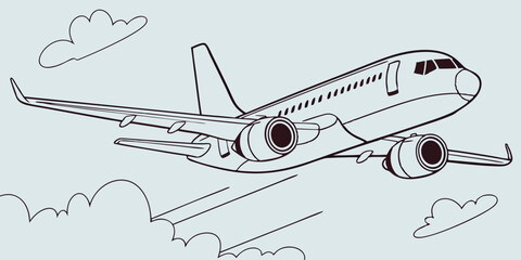 A line art illustration of a passenger airplane soaring through the sky with clouds showcasing its wings engines and fuselage against a light blue background © Ashiqur