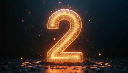 Glowing Number Two in Abstract Style, Orange Luminescent Numerology Symbol