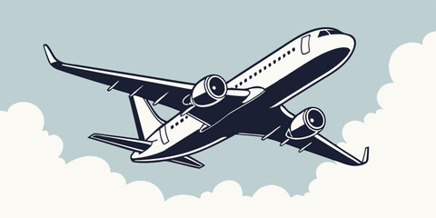 Stylized Airplane Illustration A commercial jet soars through a cloudy sky rendered in a vintage two tone color palette evoking a sense of travel flight
