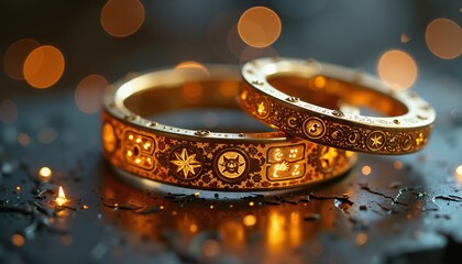 Ornate golden rings with astrology symbols, mystical charm for spiritual themes