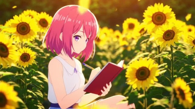 Anime girl writing in red notebook while surrounded by blooming sunflowers under warm sunlight, seamless looping 4k time-lapse animation video background. Summer concept