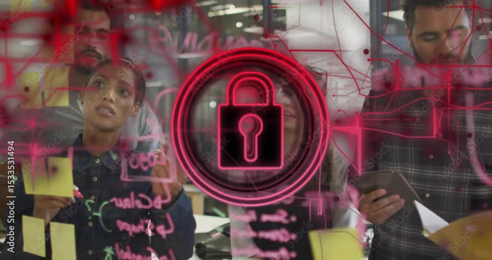 Poster business team sketching flowchart on glass wall, activating pulsing red padlock for data security