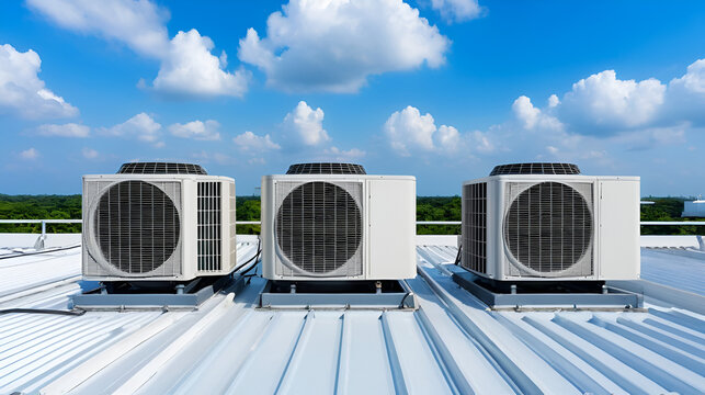 Condenser unit or compressor on roof of industrial plant building with sky background. Unit of central air conditioner (AC) or heating ventilation air conditioning system (HVAC). Pump and fan inside.