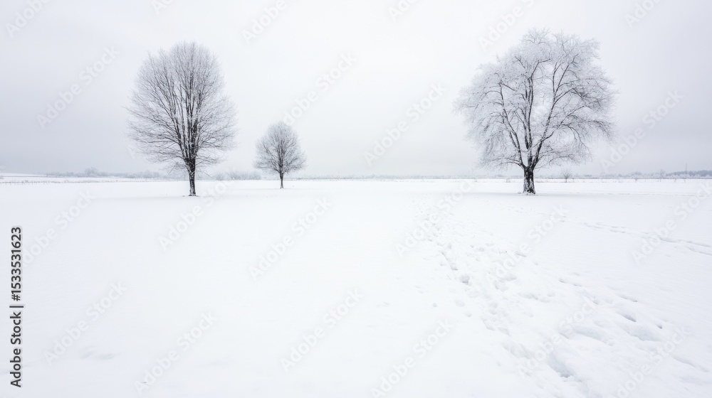 Poster a winter empty field covered in snow, with a few frosted trees at the edge and a pale grey sky overh