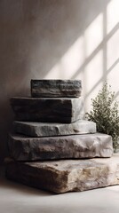 Stacked stone textured podiums in muted tones with natural light