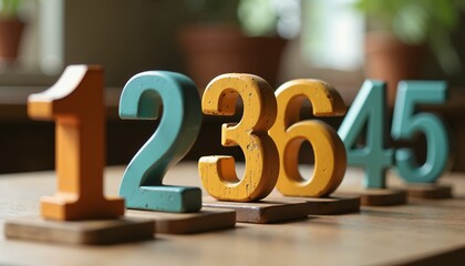 Colorful wooden numbers on a wooden table, numerology and astrology concept