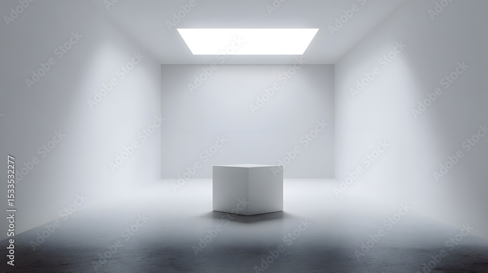 Poster minimal product stand in an empty white cube room with a skylight