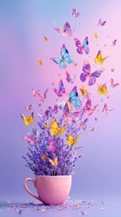 Pink cup of tea with lavender flowers and butterflies flying around on light purple background