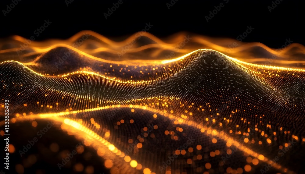 Poster abstract gold wave pattern of glowing particles.