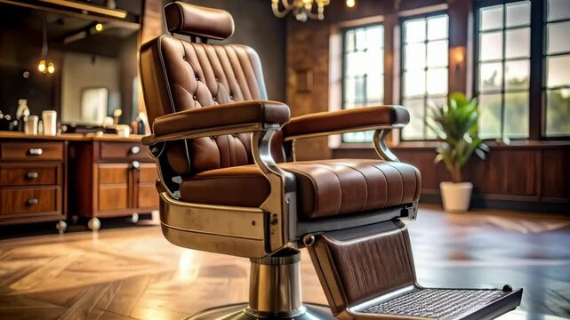 Elegant vintage barber chair with tufted brown leather in upscale barbershop interior, hardwood floors, warm lighting and classic ambiance.