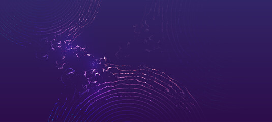 Abstract purple background with concentric circles and scattered particles effect