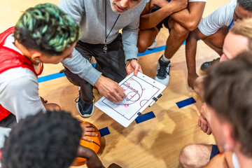Basketball coach explaining game strategy to team