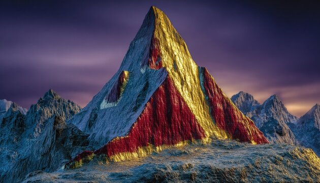 Golden peak against a twilight mountain range
