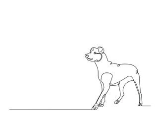 Dog sitting in single outline illustration. Continuous line art drawing of woman cute dog. Editable stroke.