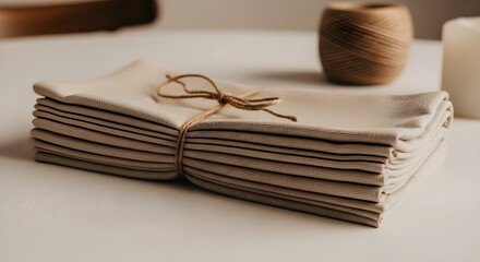 Rustic Stack of Beige Cotton Napkins Tied with Twine on White Table – Minimal Eco Kitchen Mockup