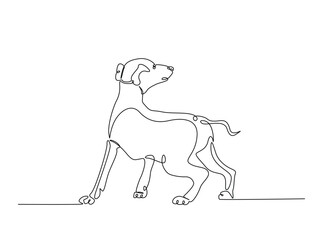 Dog sitting in single outline illustration. Continuous line art drawing of woman cute dog. Editable stroke.