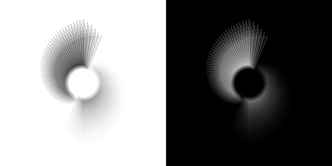 Dynamic abstract spiral sound wave rhythm lines. Circular spiral sound wave rhythm of lines. Circular futuristic abstract lines, black and white background.