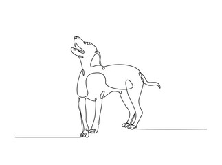 Dog sitting in single outline illustration. Continuous line art drawing of woman cute dog. Editable stroke.