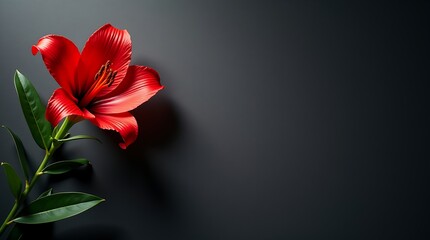 Red gloriosa lily on slate canvas with bold curves and soft shadows, dramatic floral flat-lay with clean 16:9 center.