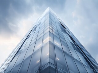 Obraz premium Bottom-up view of skyscraper with clear blue sky.
