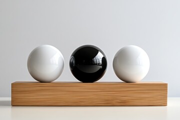 black and white spheres on wooden platform against white background.