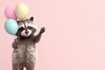 cute raccoon holding pastel balloons against a pink background.