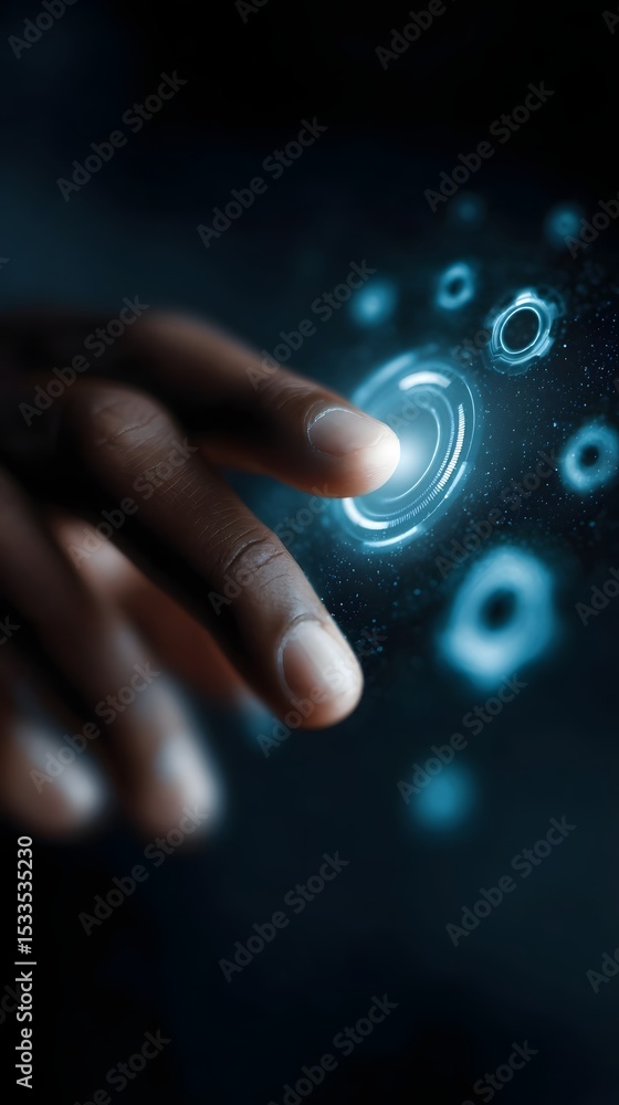 Aufkleber a person s finger tapping on floating digital settings and analytics icons in a holographic interfac