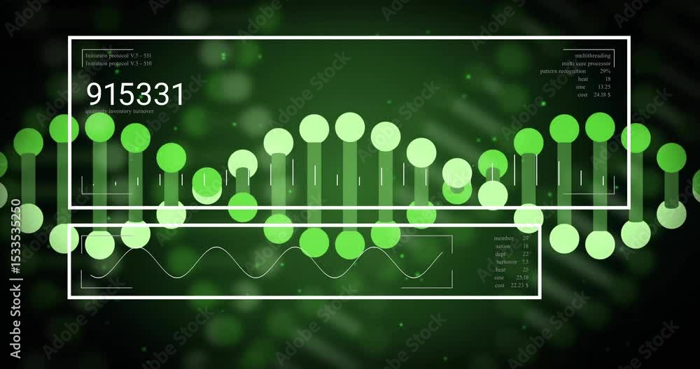Poster after pause, green circle clusters descending forming twisting helix to visualize data