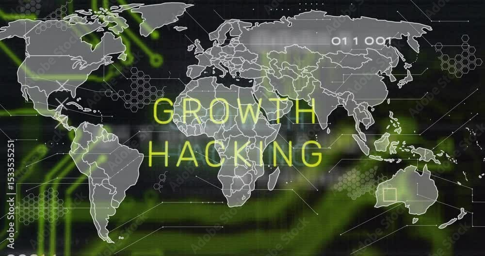 Poster neon line sweeping across map causing glitch, map outlines animating growth hacking visualization