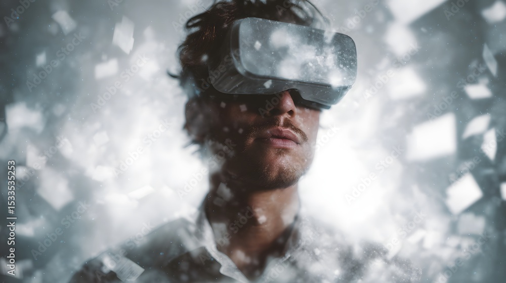 Aufkleber a person exploring virtual reality surrounded by digital networks and icons