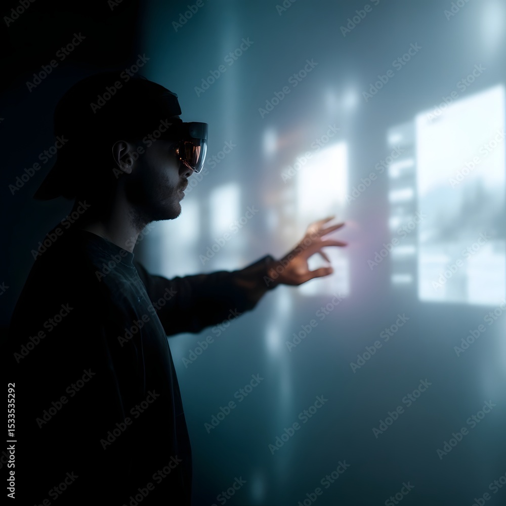 Poster virtual reality user interacting with floating app interface