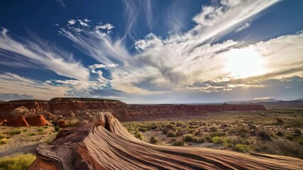 Dramatic clouds and reddish brown rock formations during golden hour in the desert landscape create a serene and picturesque vista - Powered by Adobe