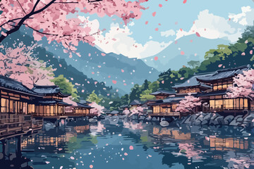 Fototapeta premium Cherry Blossoms and Old Temples in Rural Japan